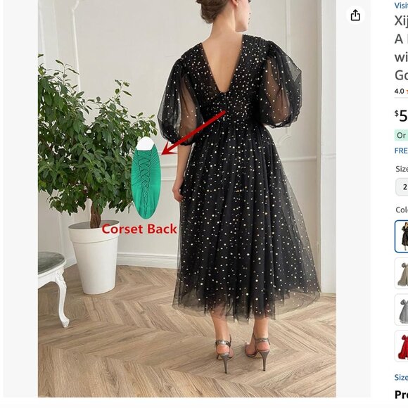 Xijun Women's Sparkly Starry Tulle Puffy Sleeve Prom Dress 8 - Picture 3 of 9